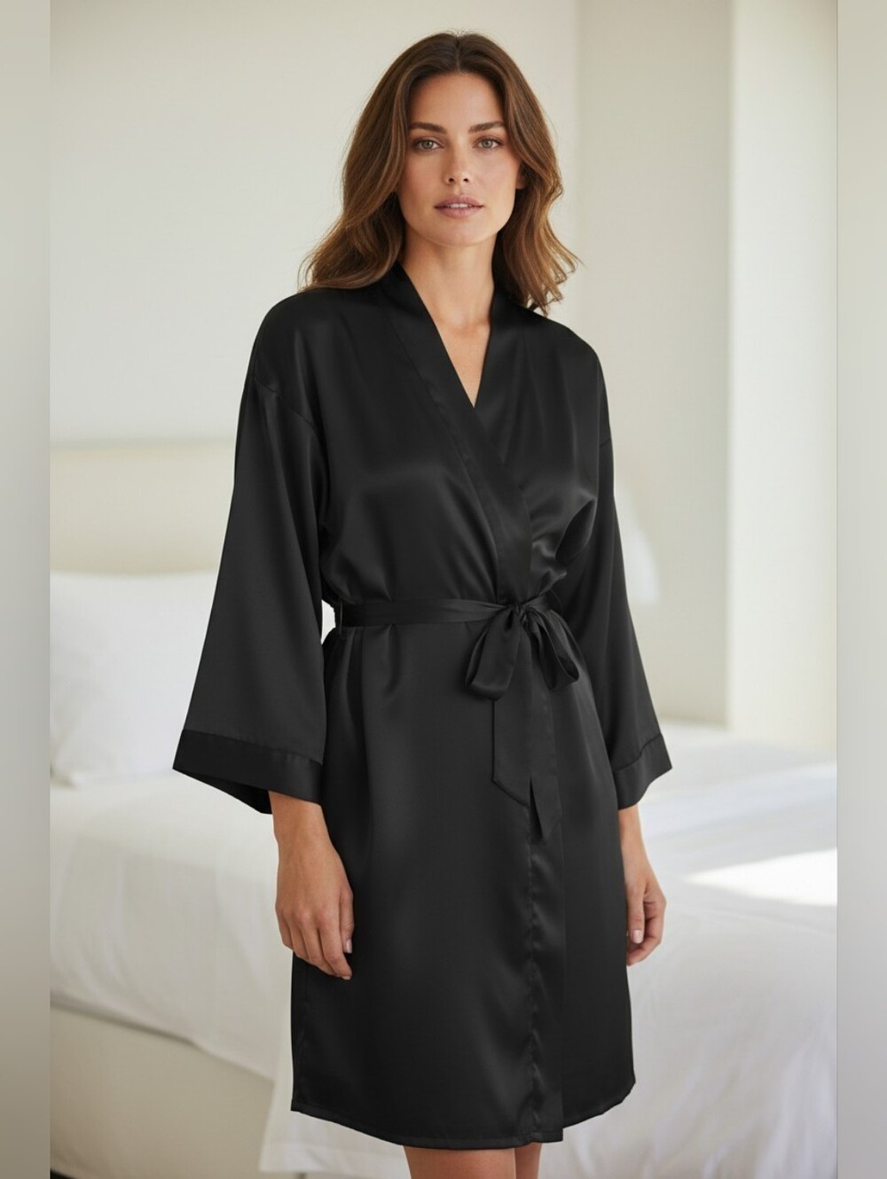 Black Satin Wrap Long Sleeve Robe With Tie Misses Size Small